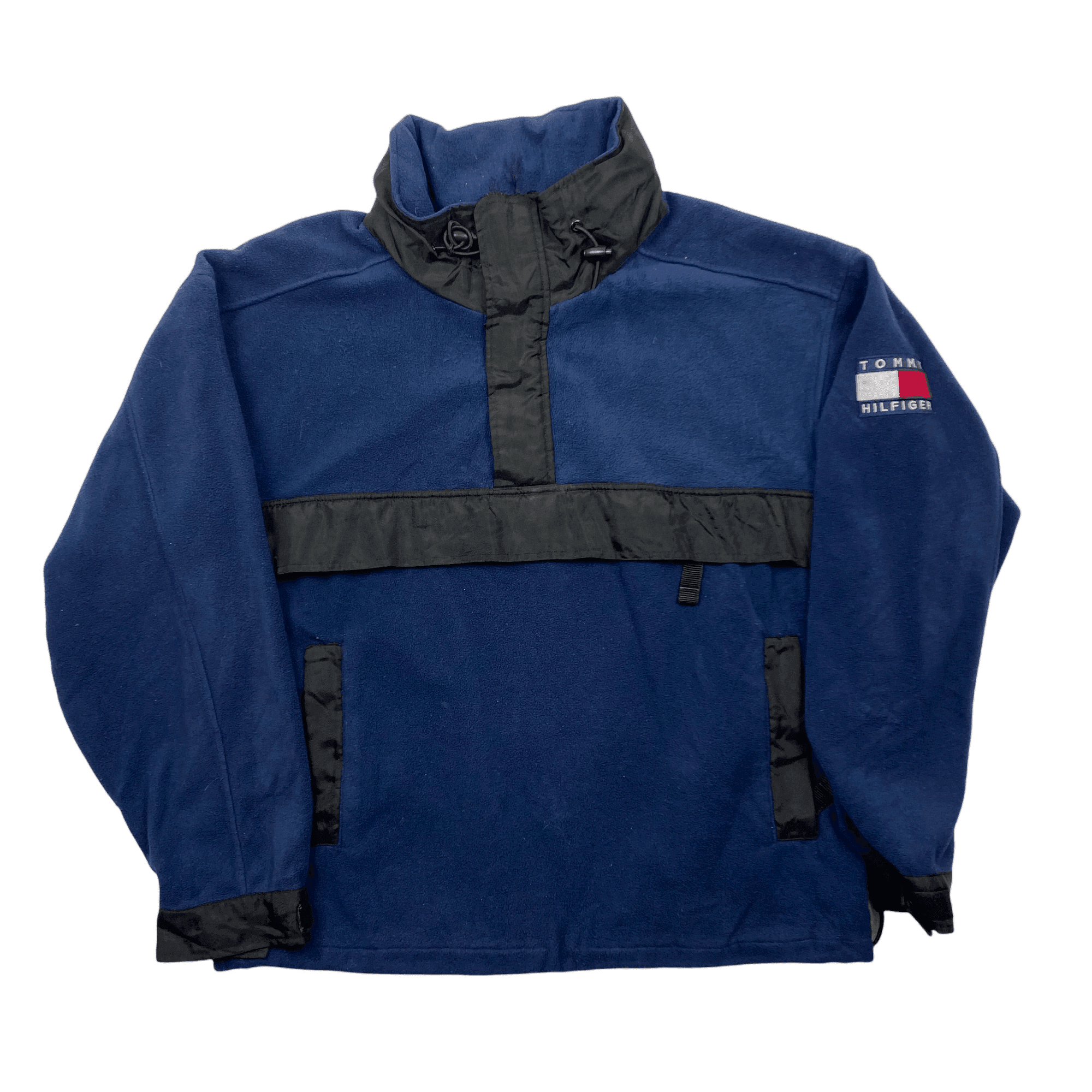 Vintage 90s Navy Blue + Black Tommy Hilfiger Fleece Hoodie - Large - The Streetwear Studio