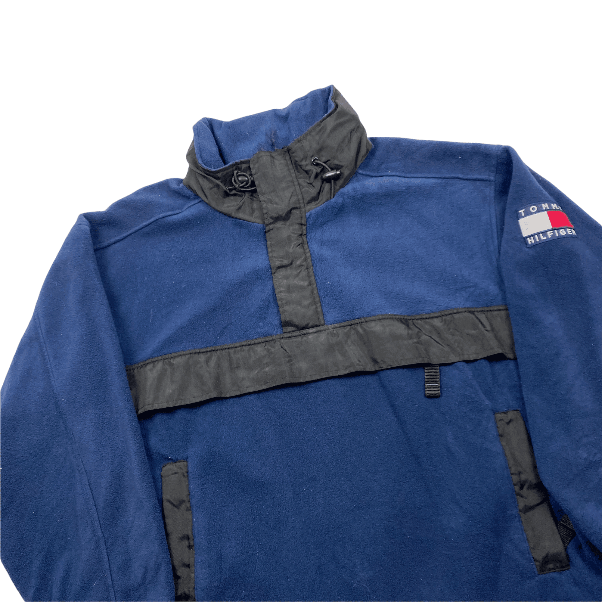Vintage 90s Navy Blue + Black Tommy Hilfiger Fleece Hoodie - Large - The Streetwear Studio