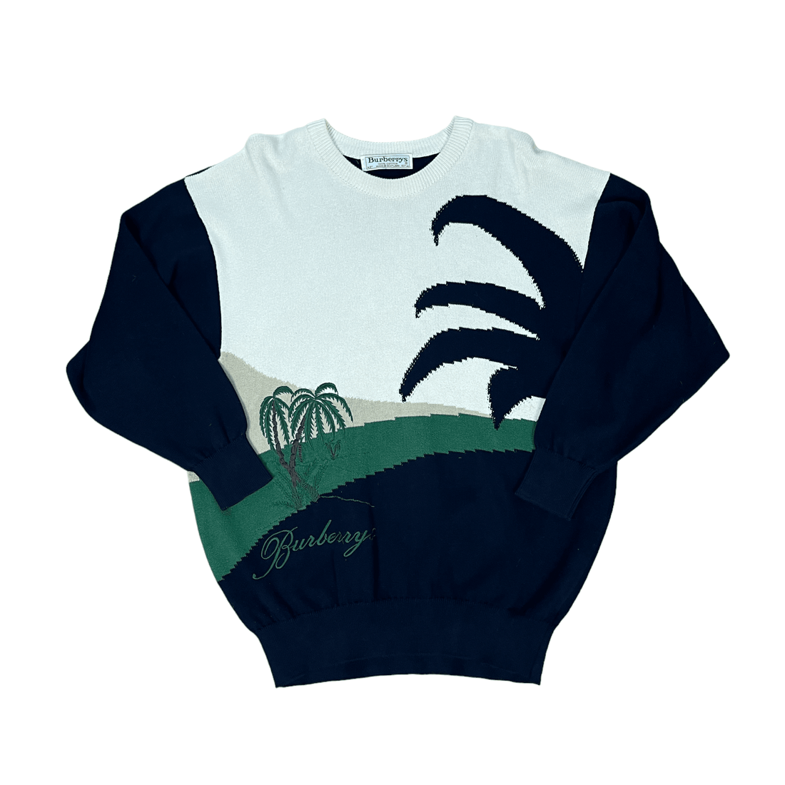 Vintage 90s Navy Blue + Cream Burberry Tree Motif Sweatshirt - Extra Large - The Streetwear Studio