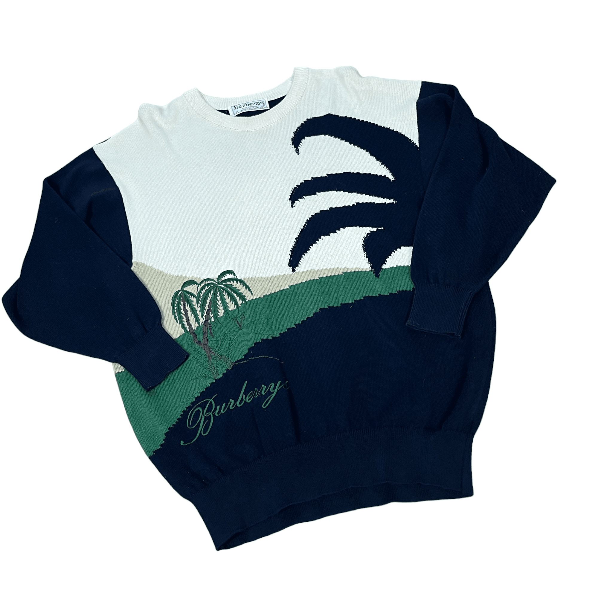 Vintage 90s Navy Blue + Cream Burberry Tree Motif Sweatshirt - Extra Large - The Streetwear Studio