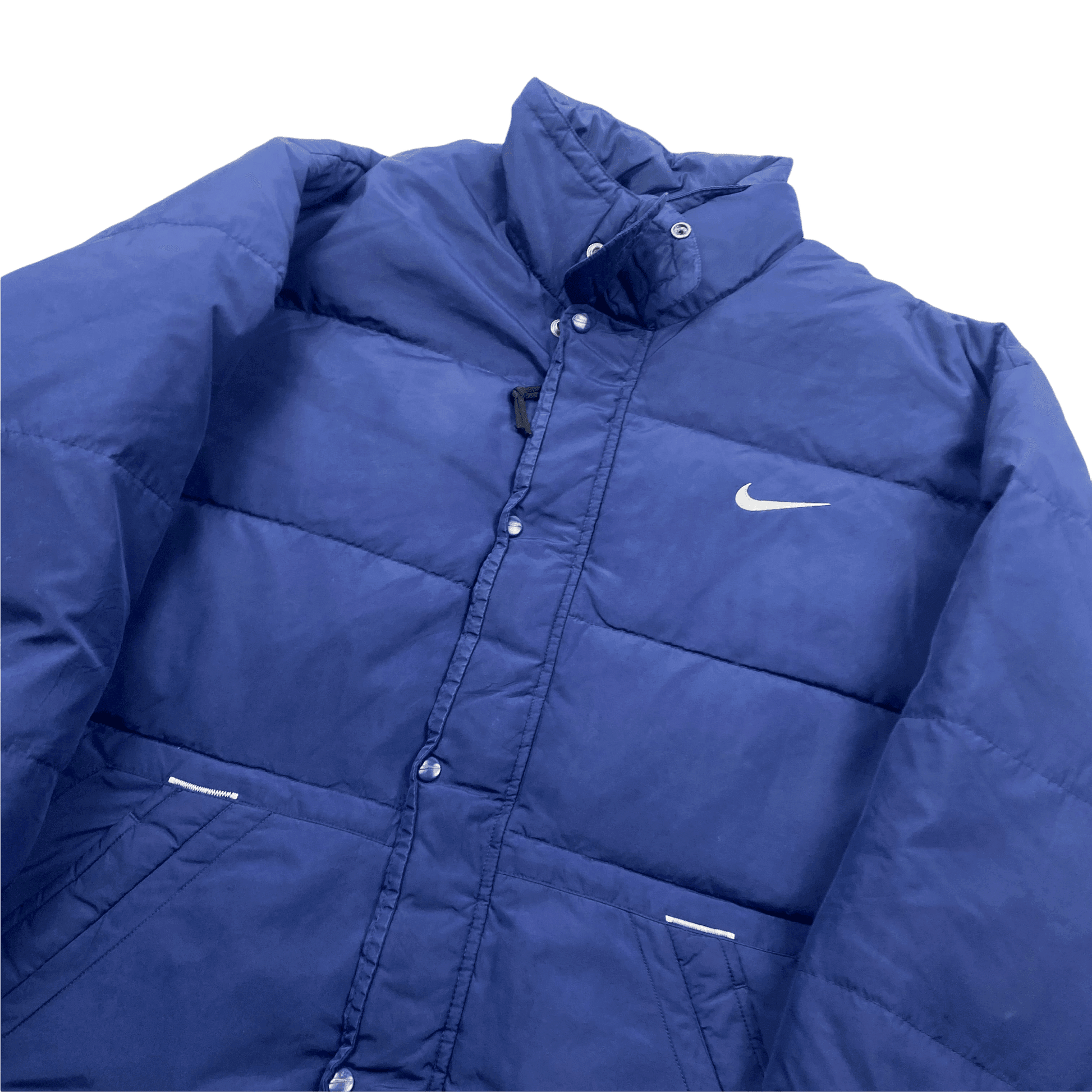 Vintage 90s Navy Blue Nike Large Logo Puffer Jacket - Extra Large - The Streetwear Studio
