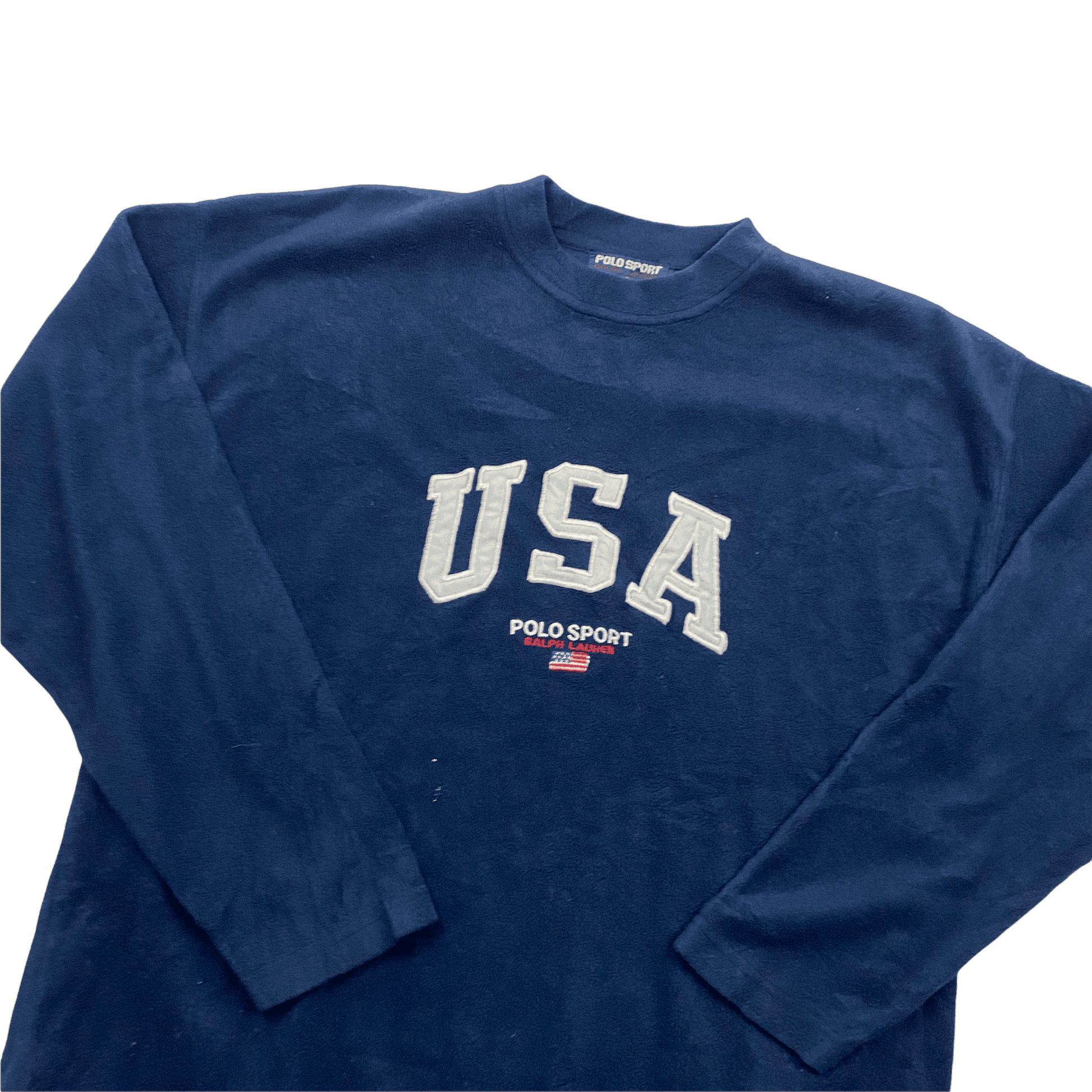 Vintage 90s Navy Blue Ralph Lauren Polo Sport USA Spell-Out Fleece Sweatshirt - Extra Large - The Streetwear Studio