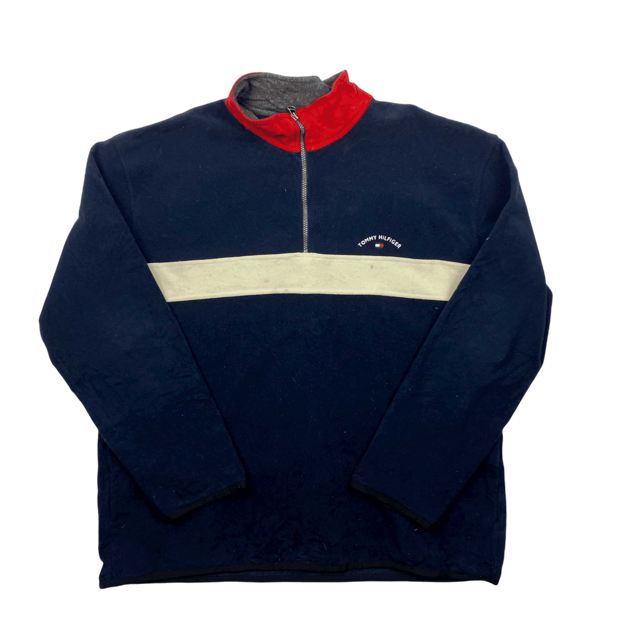 Vintage 90s Navy Blue + White Tommy Hilfiger Spell-Out Quarter Zip Fleece - XXL - The Streetwear Studio