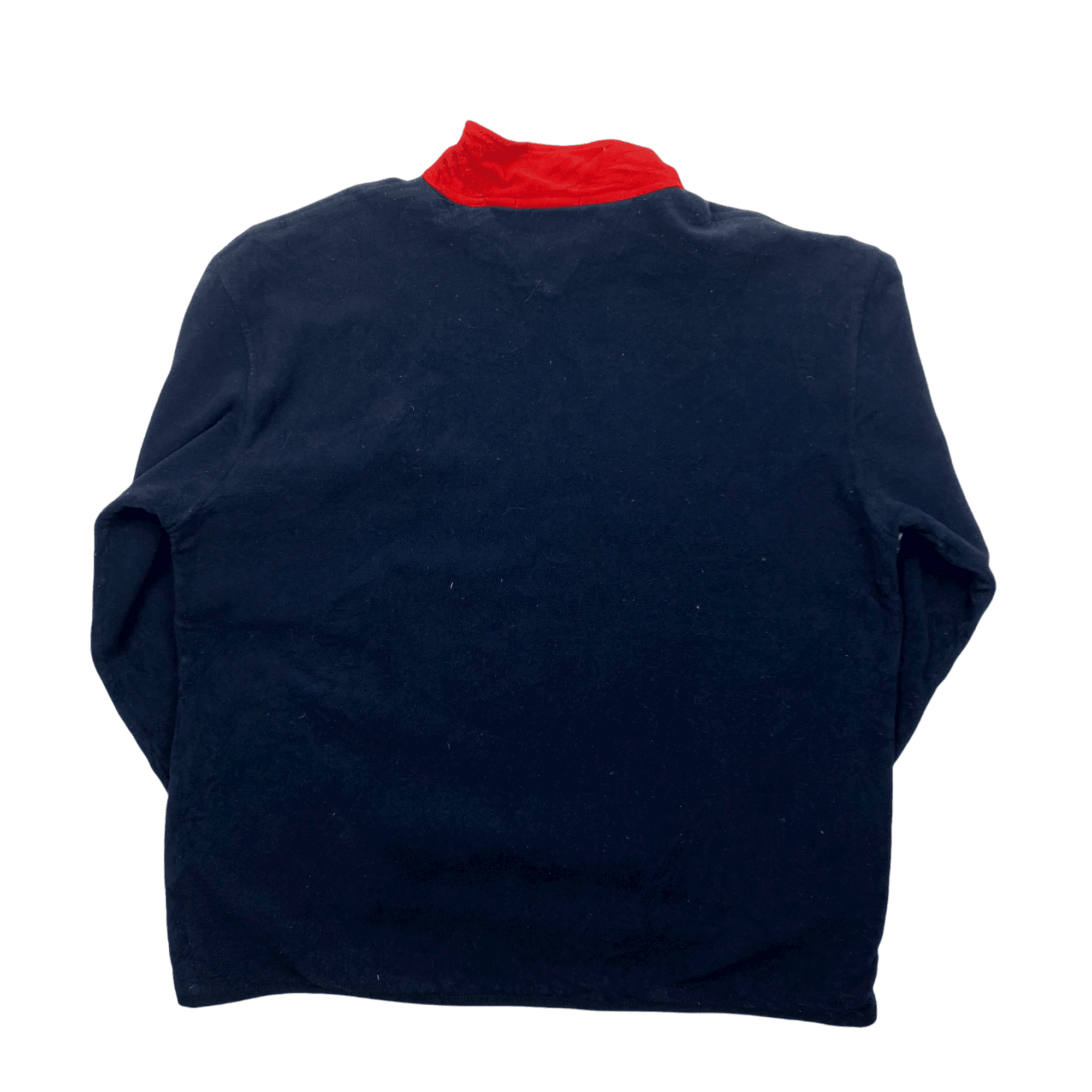 Vintage 90s Navy Blue + White Tommy Hilfiger Spell-Out Quarter Zip Fleece - XXL - The Streetwear Studio