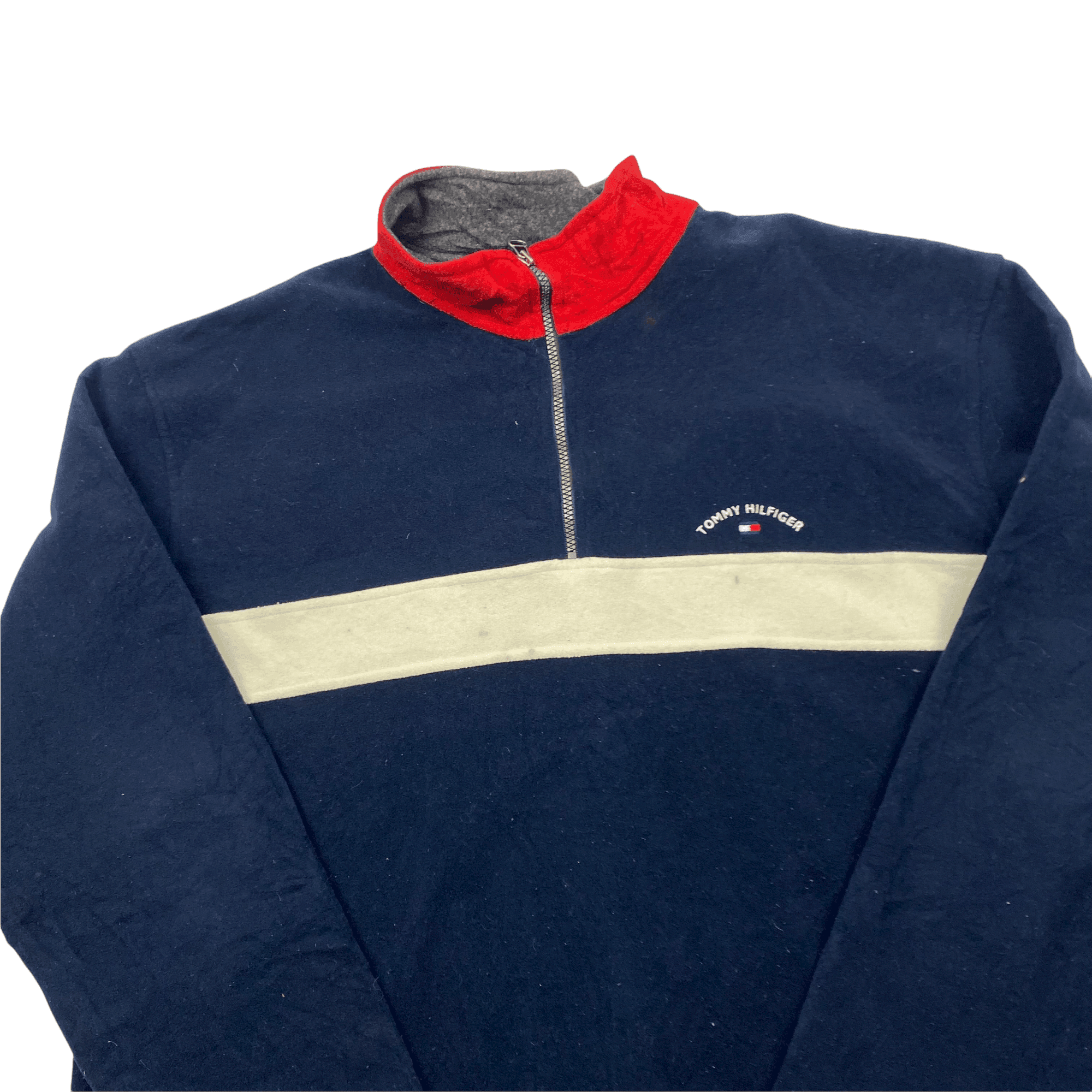 Vintage 90s Navy Blue + White Tommy Hilfiger Spell-Out Quarter Zip Fleece - XXL - The Streetwear Studio