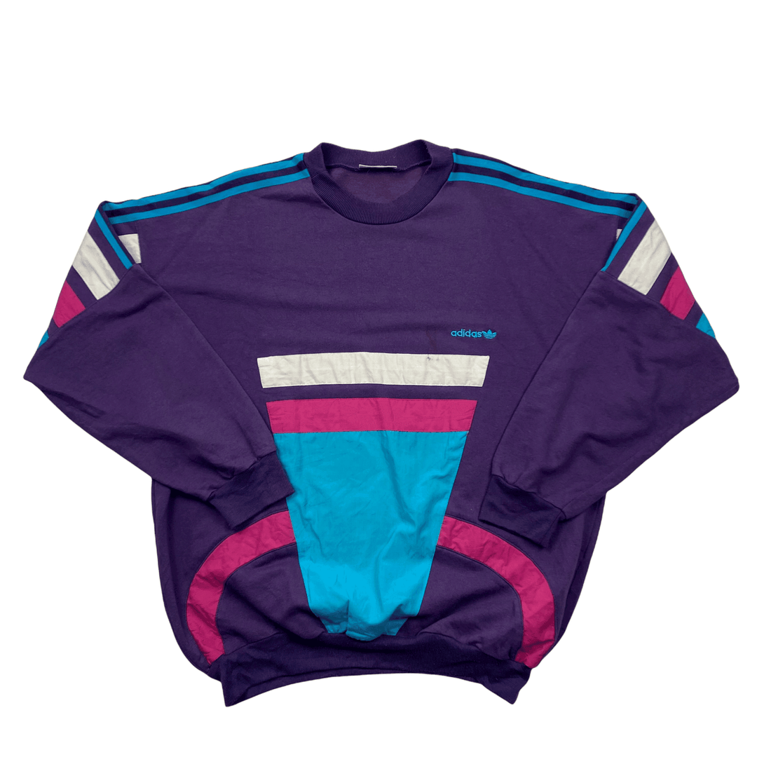 Vintage 90s Purple, Blue + White Adidas Spell-Out Sweatshirt - Large - The Streetwear Studio