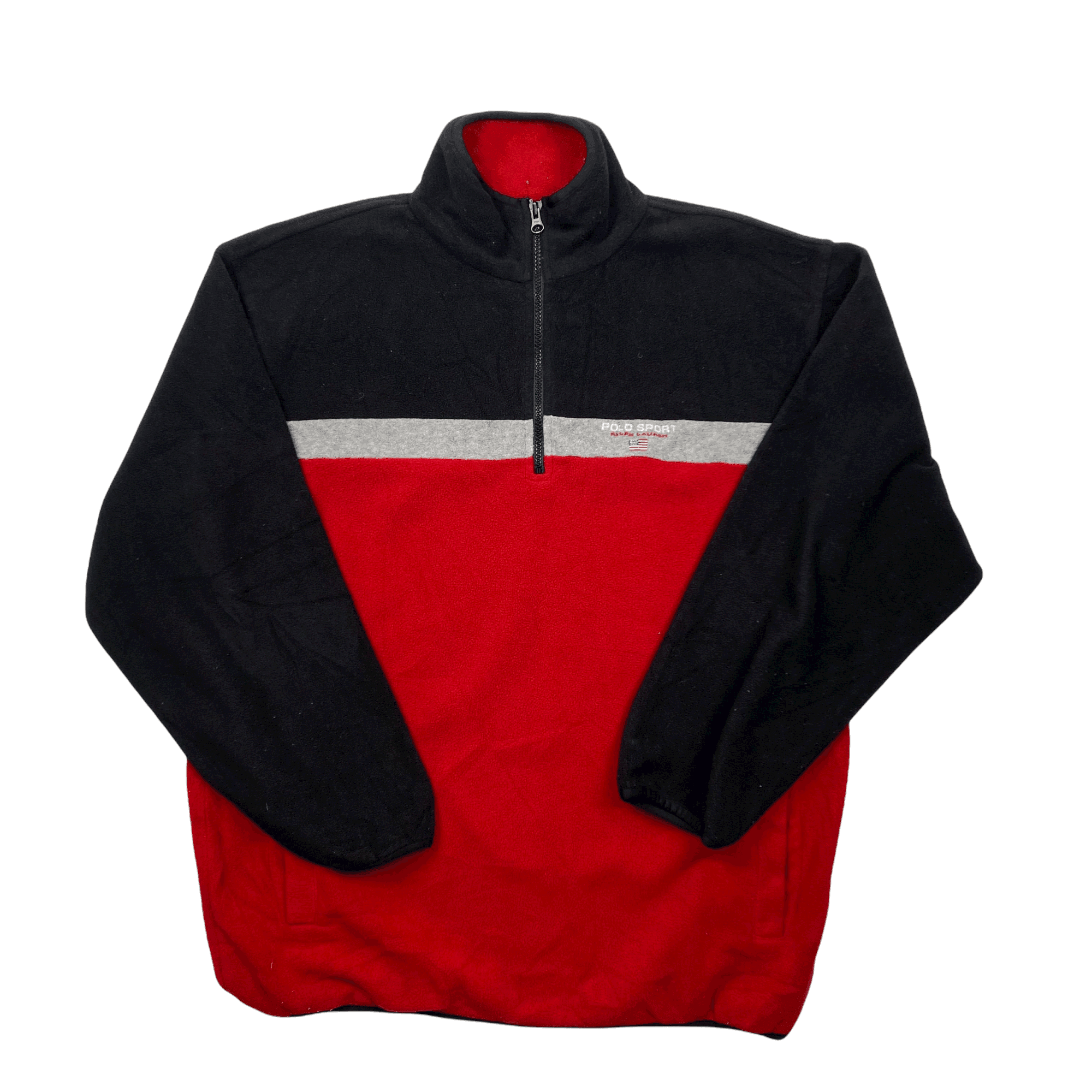 Vintage 90s Red, Black + Grey Ralph Lauren Polo Sport Quarter Zip Fleece - Extra Large - The Streetwear Studio