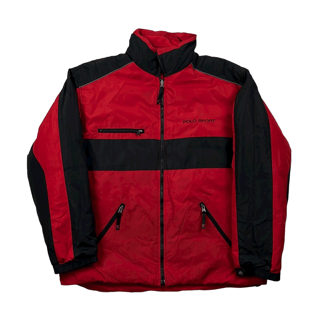 Vintage 90s Red + Black Ralph Lauren Polo Sport Spell-Out Reversible Puffer Coat/ Jacket - Extra Large - The Streetwear Studio