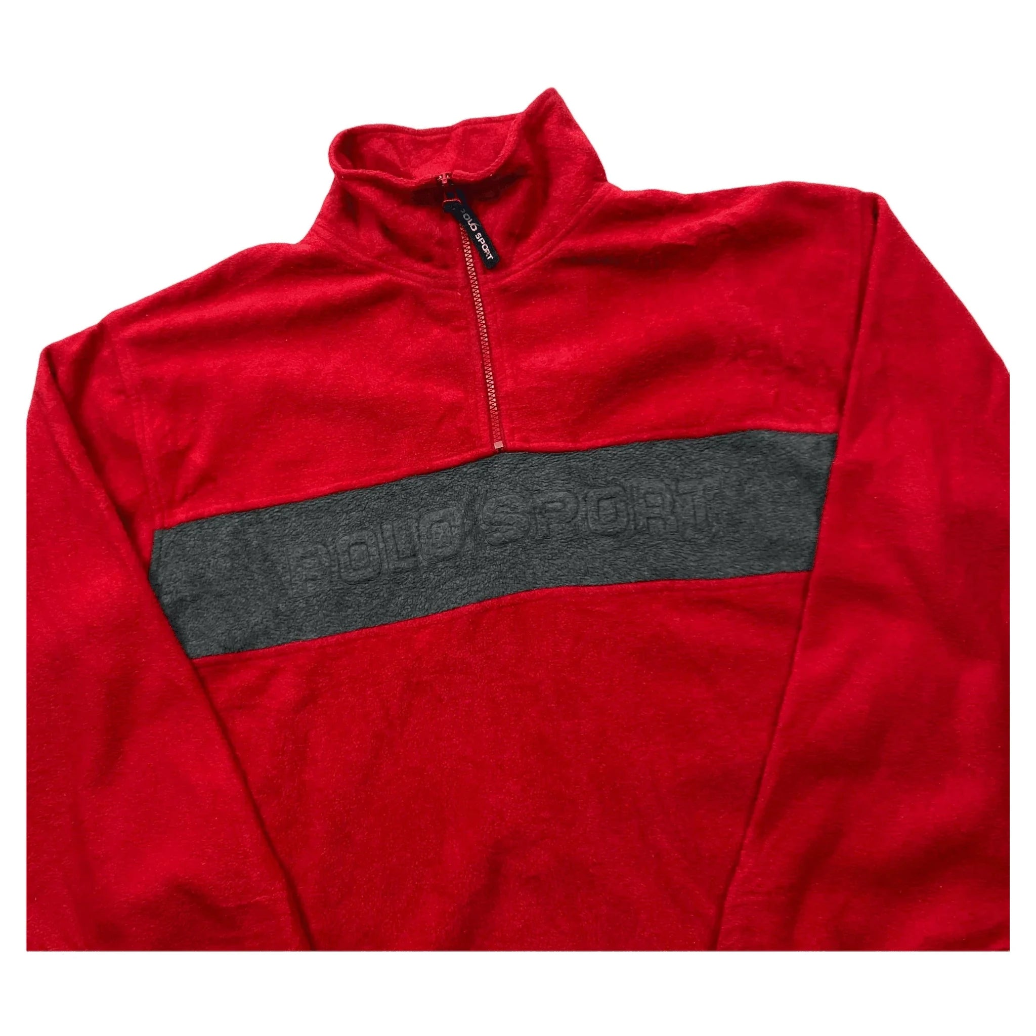 Vintage 90s Red + Grey Ralph Lauren Polo Sport Spell-Out 1/4 Zip Fleece - XL | The Streetwear Studio