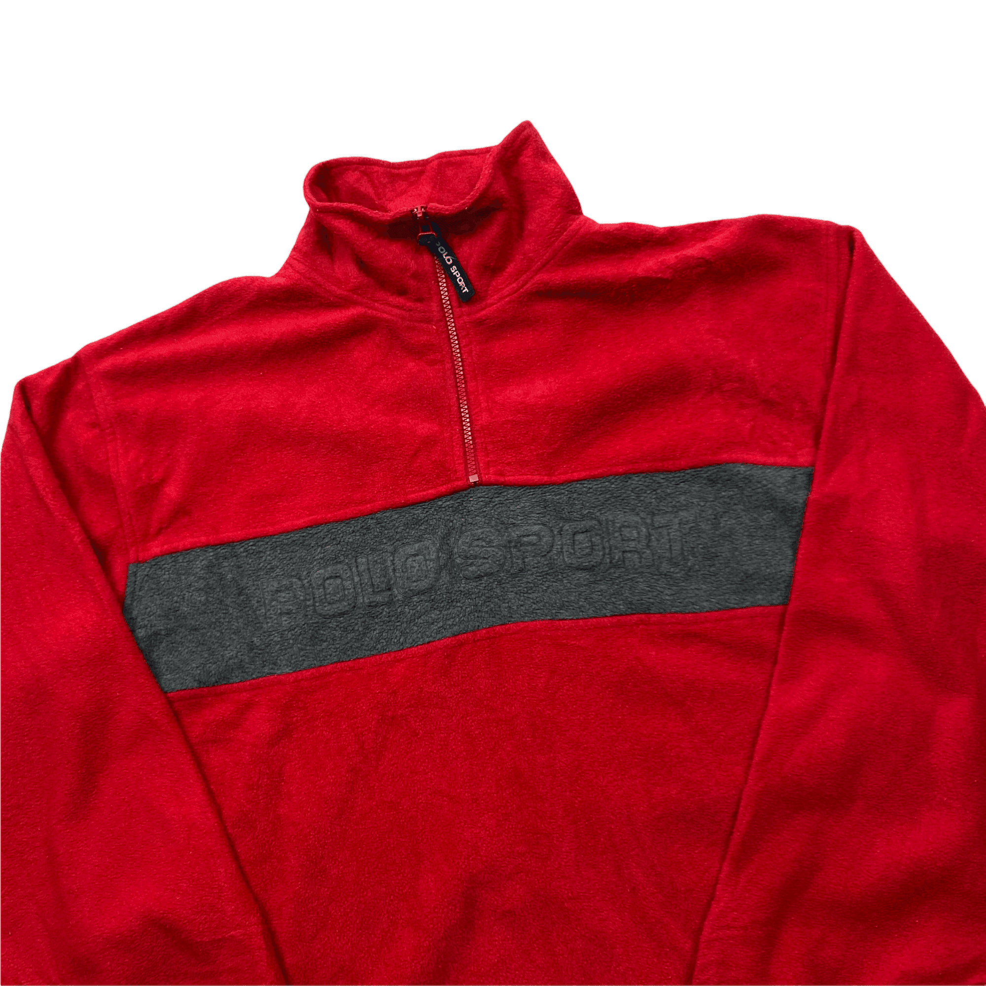 Vintage 90s Red + Grey Ralph Lauren Polo Sport Spell-Out Quarter Zip Fleece - Extra Large - The Streetwear Studio