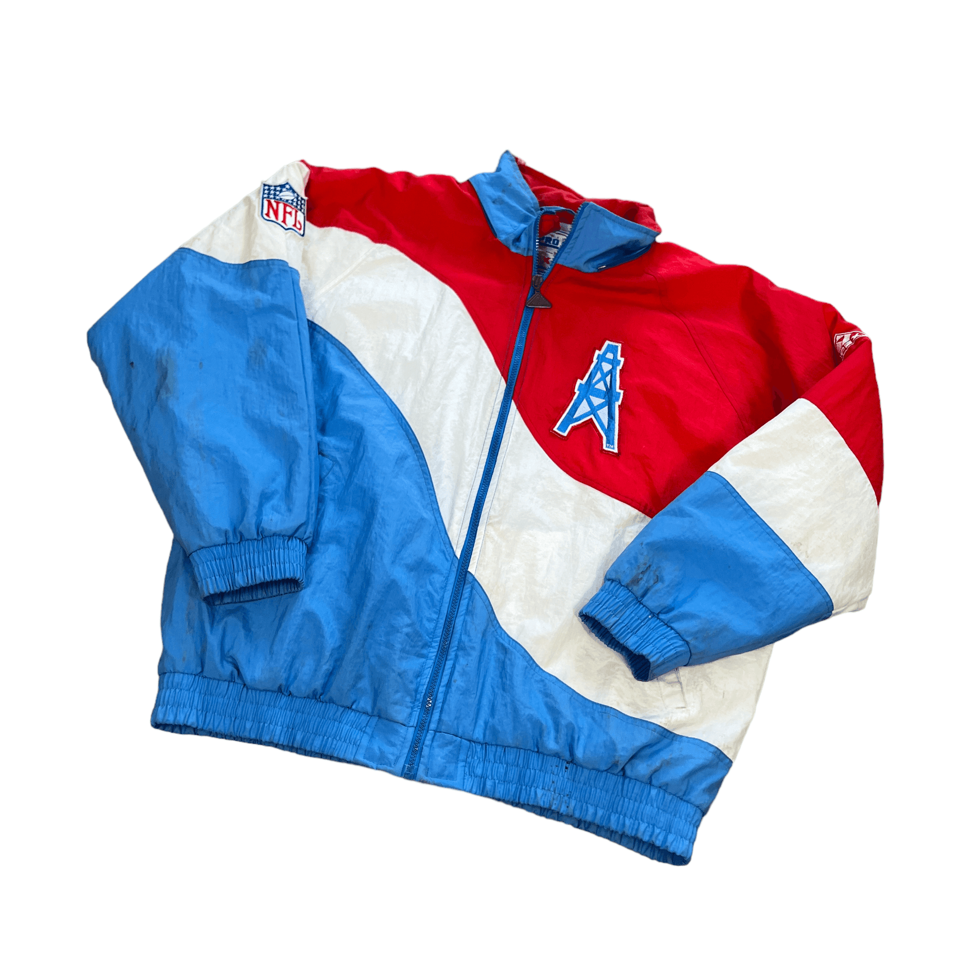 Vintage 90s Red, White + Blue NFL Oilers Puffer Coat - Large - The Streetwear Studio