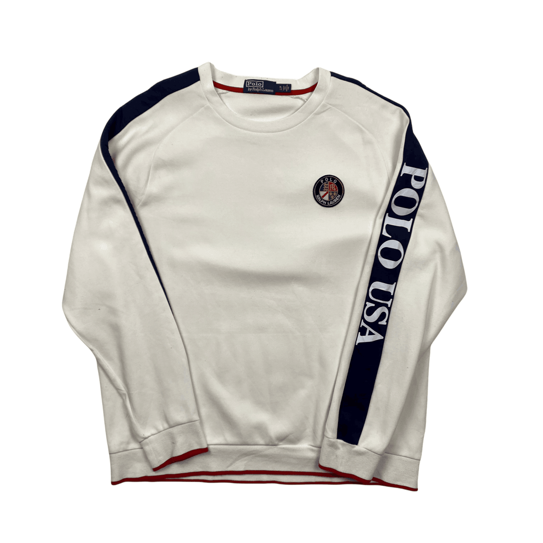 Vintage 90s White Polo Ralph Lauren Ski Crest Spell-Out Sweatshirt - Extra Large - The Streetwear Studio