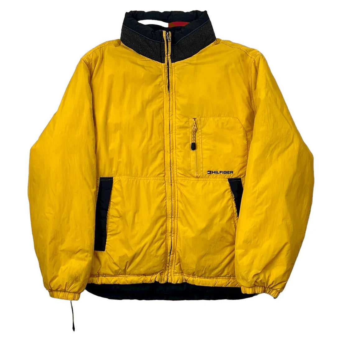 Vintage 90s Yellow + Navy Blue Tommy Hilfiger Reversible Puffer Coat/ Jacket - L | The Streetwear Studio