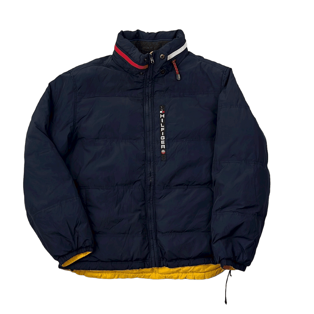 Vintage 90s Yellow + Navy Blue Tommy Hilfiger Reversible Puffer Coat/ Jacket - Large - The Streetwear Studio