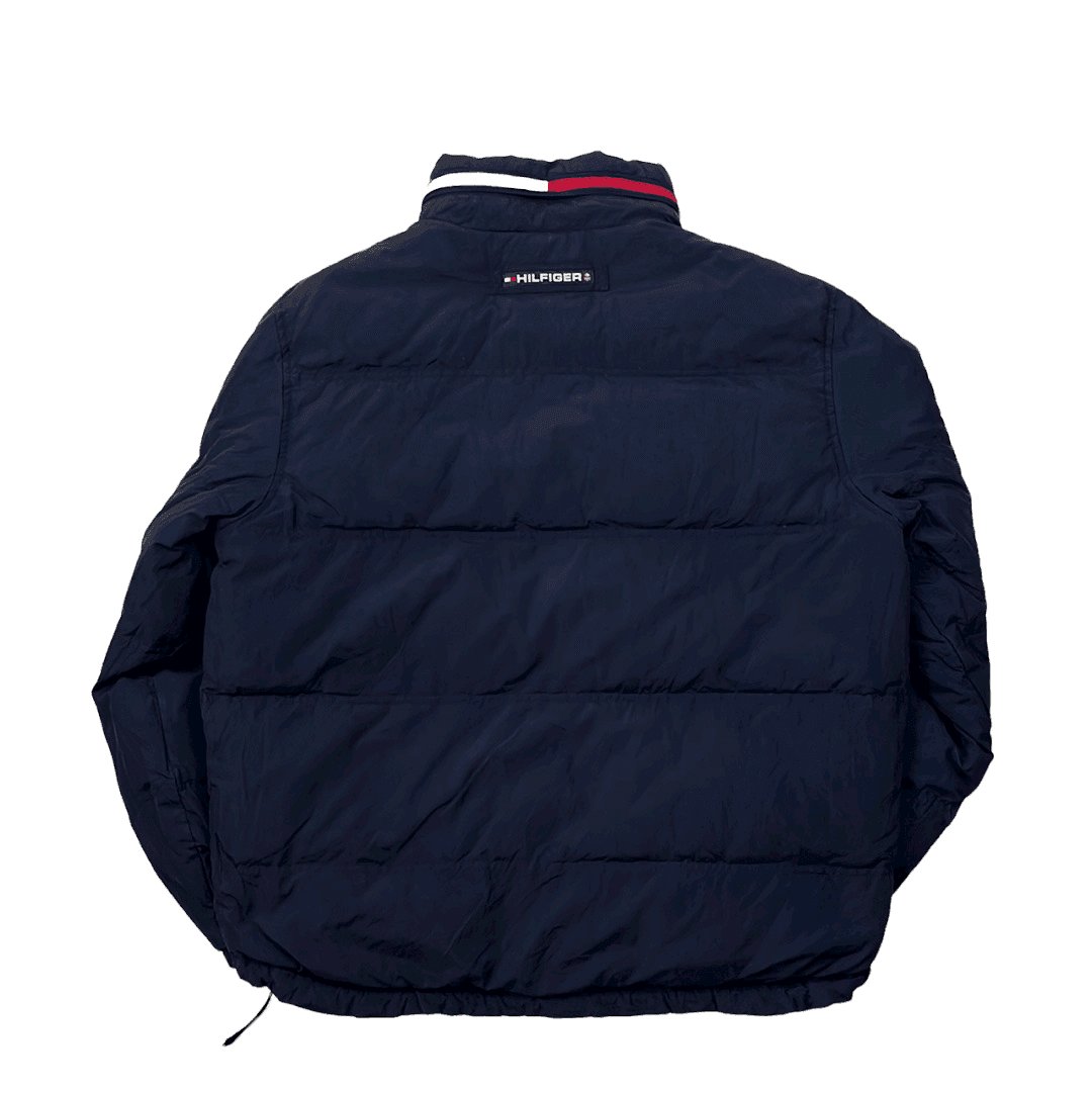 Vintage 90s Yellow + Navy Blue Tommy Hilfiger Reversible Puffer Coat/ Jacket - Large - The Streetwear Studio