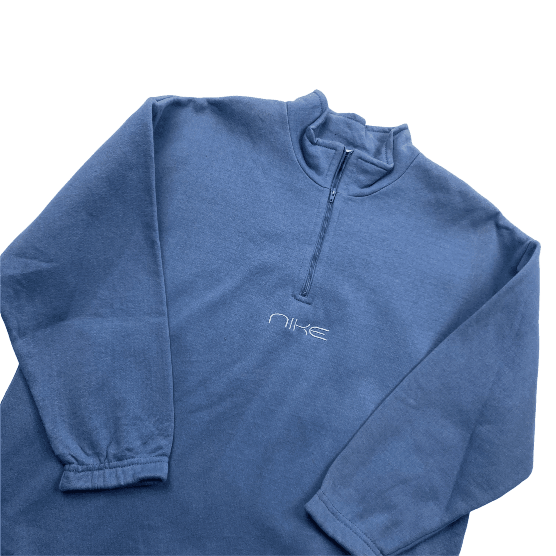 Vintage Baby Blue Women's Nike Centre Spell-Out Logo Quarter Zip Sweatshirt - Large - The Streetwear Studio