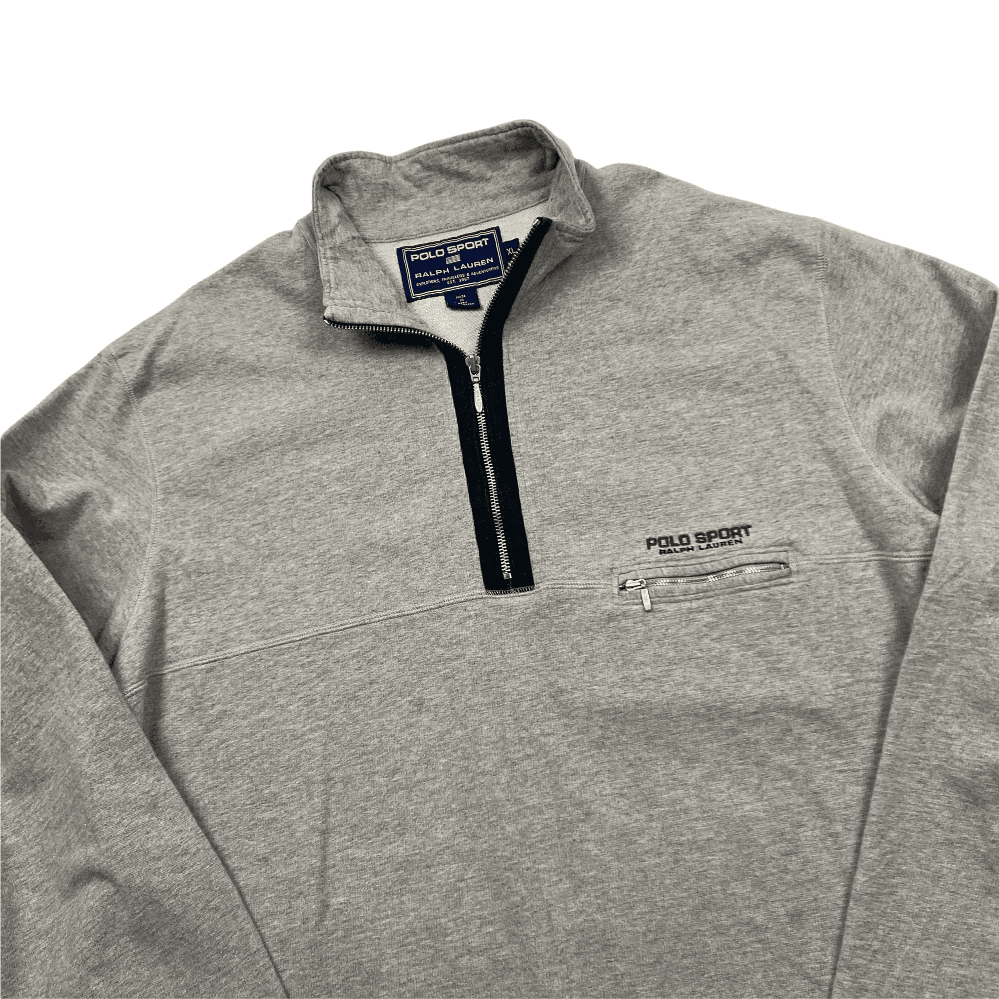 Vintage Grey Ralph Lauren Polo Sport Spell-Out Quarter Zip Sweatshirt - Extra Large - The Streetwear Studio