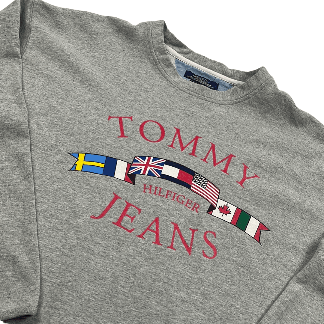Vintage Grey Tommy Jeans Spell-Out Sweatshirt - Extra Large - The Streetwear Studio