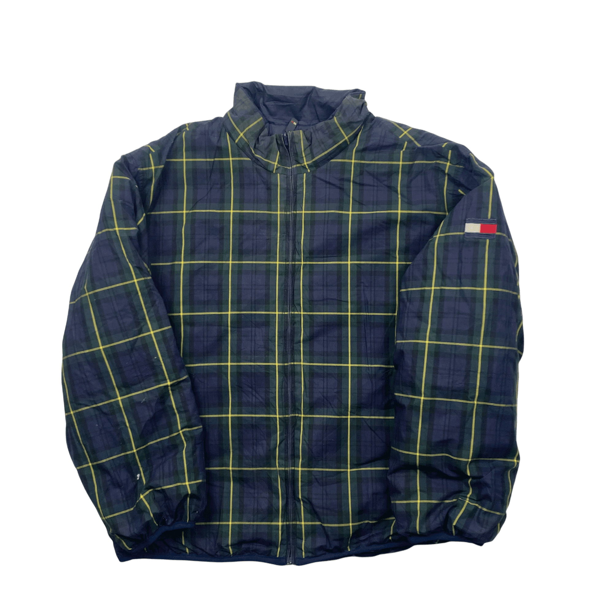 Vintage Navy Blue Reversible Tommy Hilfiger Spell-Out Puffer Coat/ Jacket - Extra Large - The Streetwear Studio