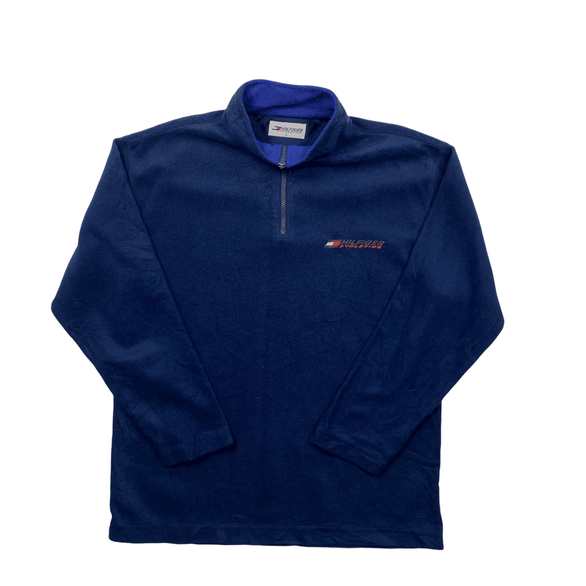 Vintage Navy Blue Tommy Hilfiger Athletics Spell-Out Quarter Zip Fleece - Large - The Streetwear Studio