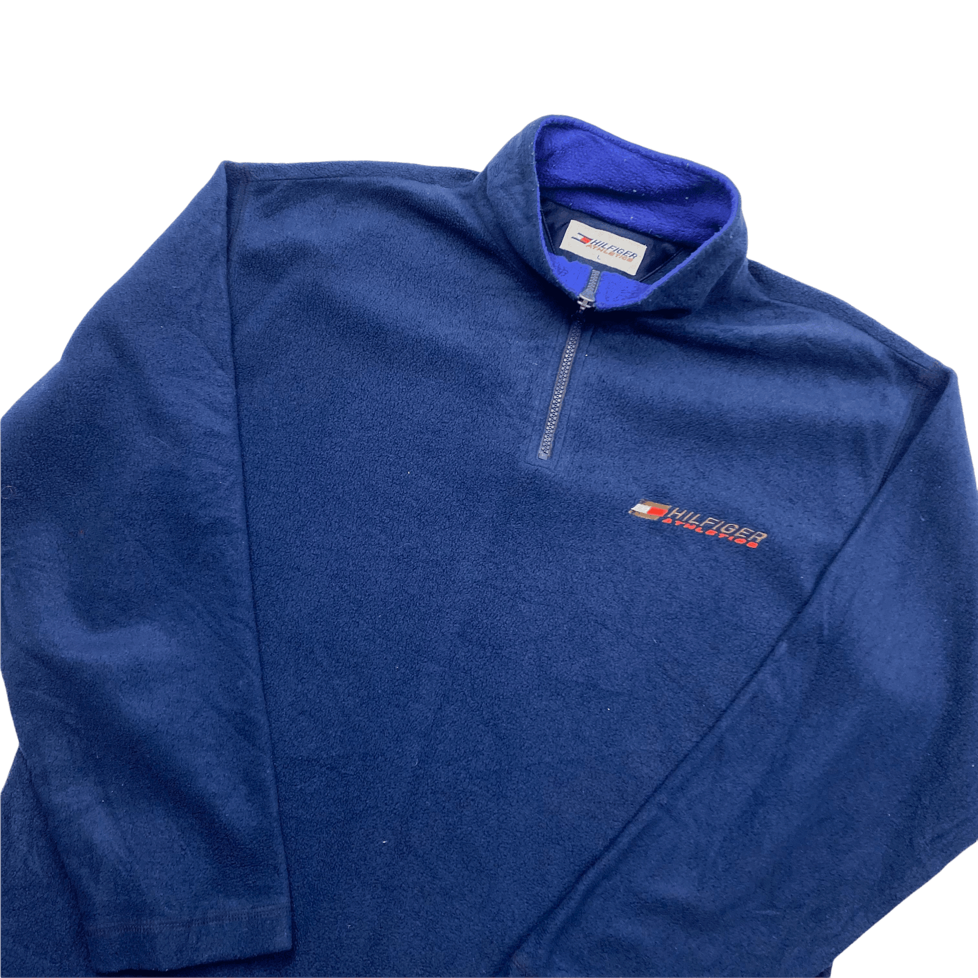 Vintage Navy Blue Tommy Hilfiger Athletics Spell-Out Quarter Zip Fleece - Large - The Streetwear Studio