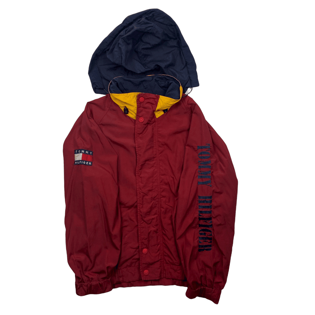 Vintage Red/ Burgundy Tommy Hilfiger Sailing Waterproof Full Zip Jacket with Hood - Large - The Streetwear Studio