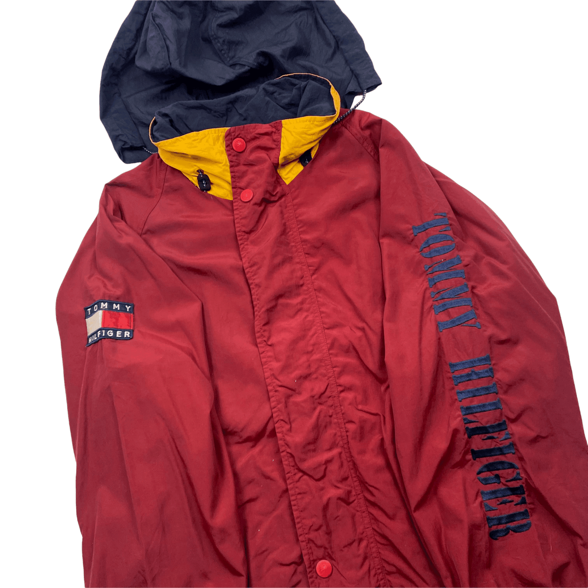 Vintage Red/ Burgundy Tommy Hilfiger Sailing Waterproof Full Zip Jacket with Hood - Large - The Streetwear Studio
