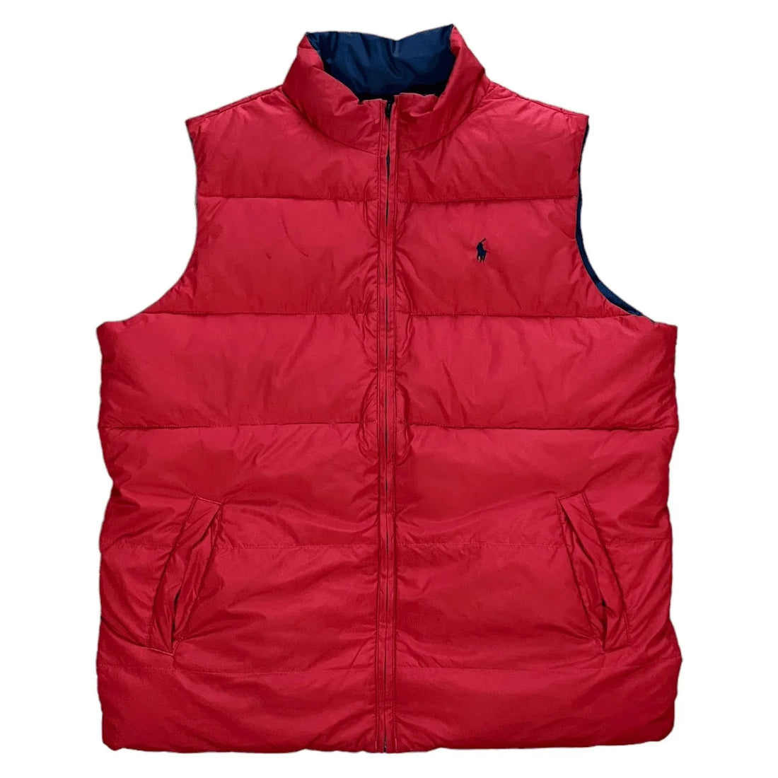 Vintage Red + Navy Blue Polo Ralph Lauren Reversible Puffer Gilet - M | The Streetwear Studio