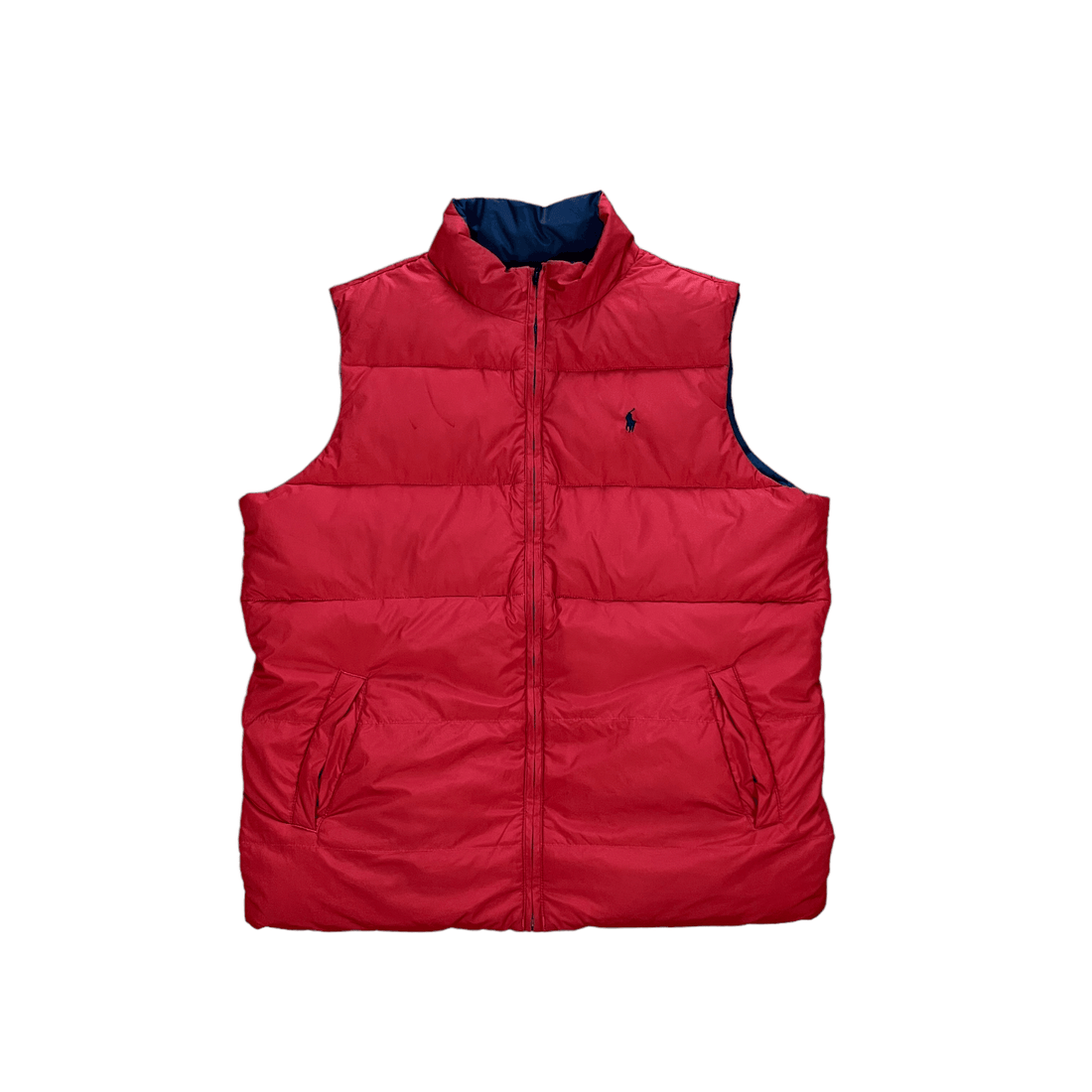 Vintage Red + Navy Blue Polo Ralph Lauren Reversible Puffer Gilet - Medium - The Streetwear Studio