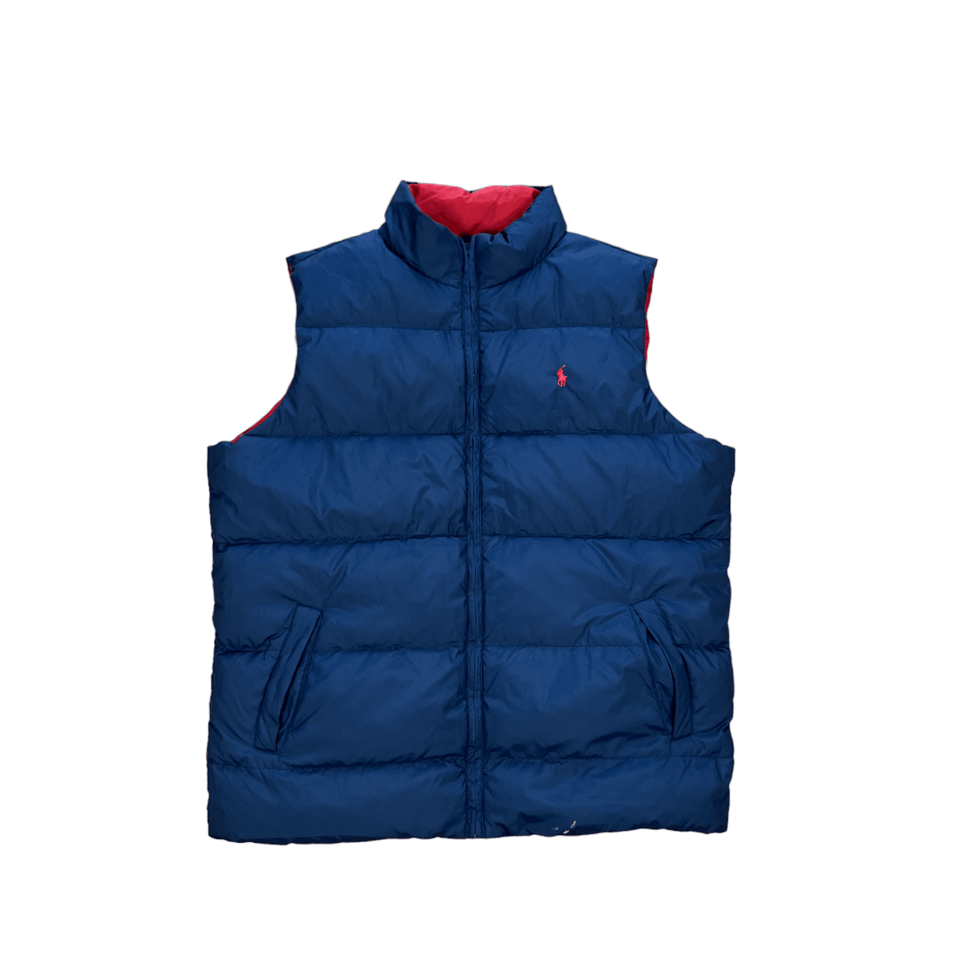 Vintage Red + Navy Blue Polo Ralph Lauren Reversible Puffer Gilet - Medium - The Streetwear Studio