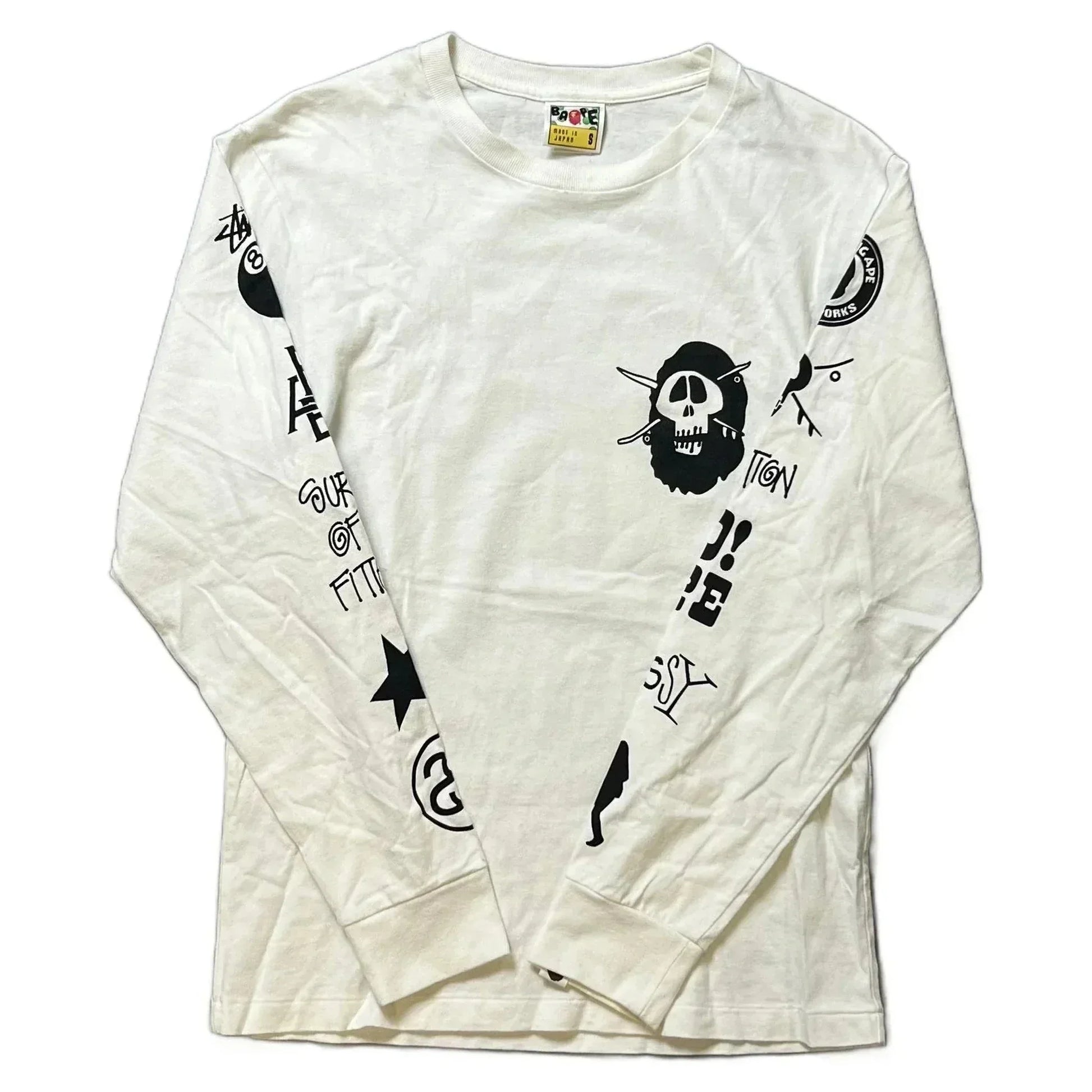 White A Bathing Ape (BAPE) x Stussy Long Sleeve Tee - S | The Streetwear Studio